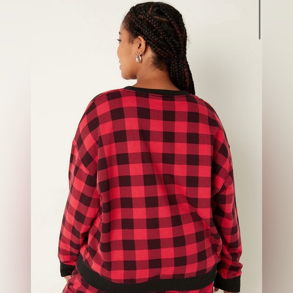 Victoria’s Secret PINK Red/ Black Buffalo Plaid Fleece Crewneck Sweater Size XS - Picture 3 of 9